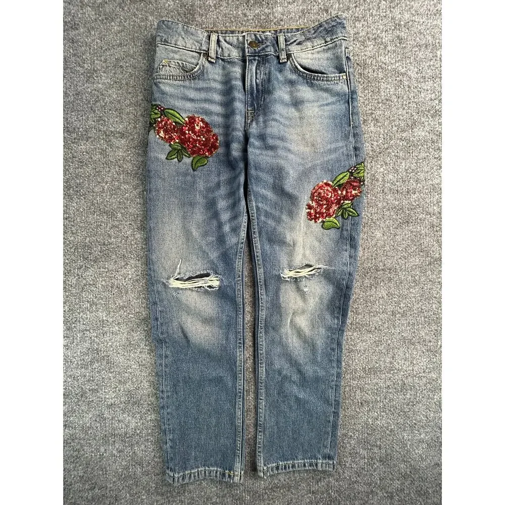 Zara Basic Z1975 Floral Sequin Distressed Boyfriend Jeans Women's US 2 - Picture 4 of 12